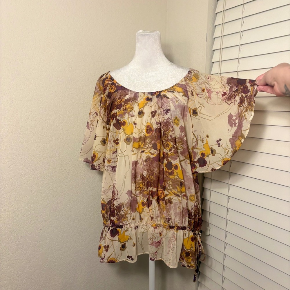 H&M Sheer Yellow Purple Floral Chiffon Blouse Fairycore Butterfly Sleeve Size 12